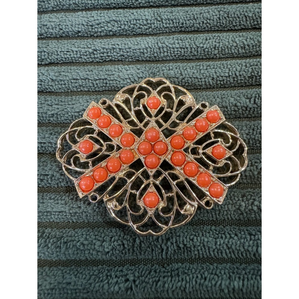 Vintage Sarah Coventry Brooch Coral Cabochons Gold Tone Lattice Pin Jewelry